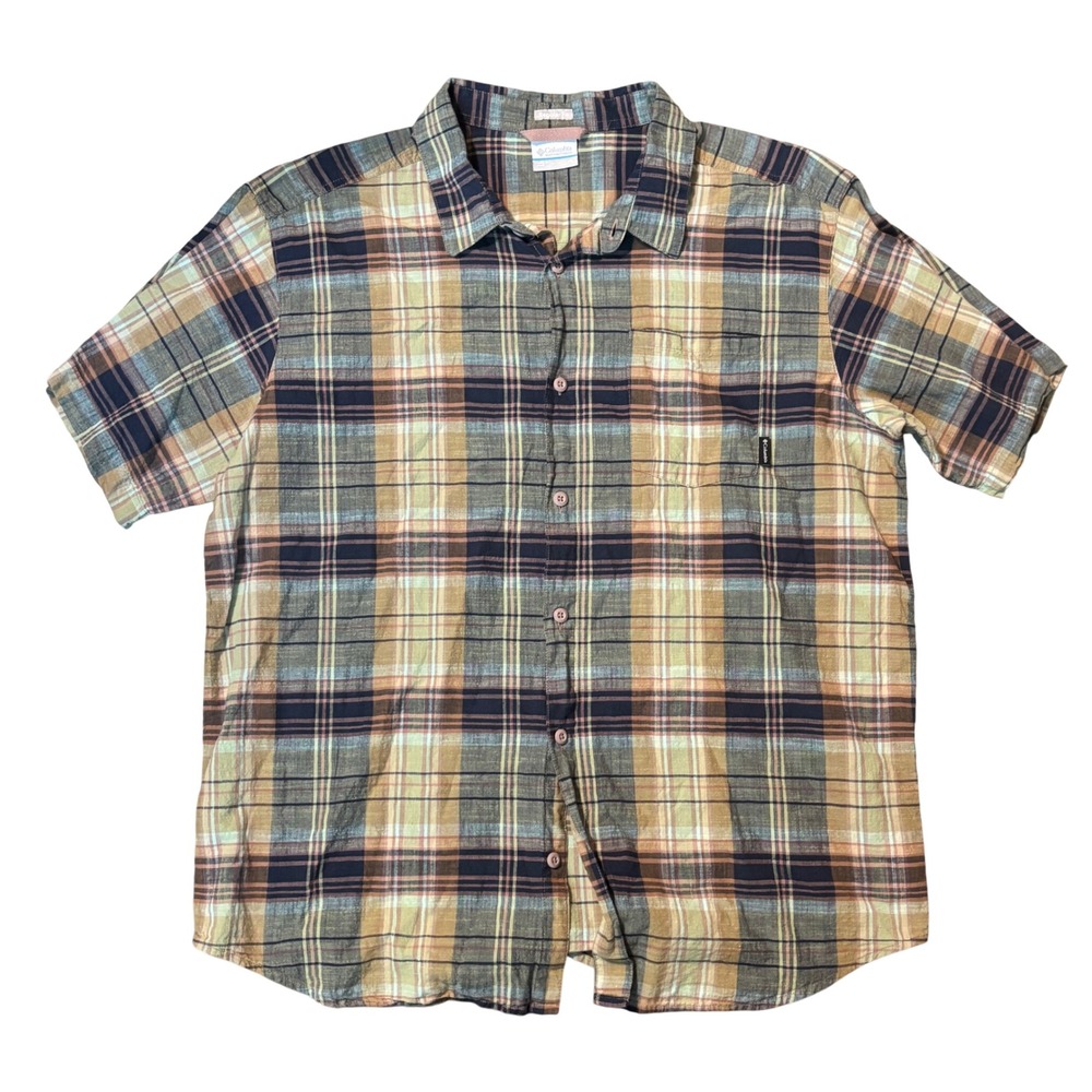 Columbia Mens XL Regular Fit Plaid Short Sleeve Button Up Shirt Tan Navy AM1238